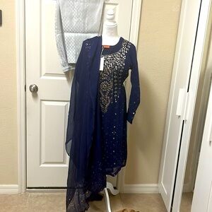 New Pakistani Indian shalwar kameez hand work 3 piece suit in blue color #383